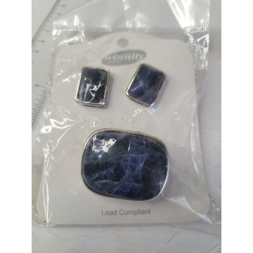 Blue Stone Silvertone Clip-On Earrings & Brooch Set By Winmitty